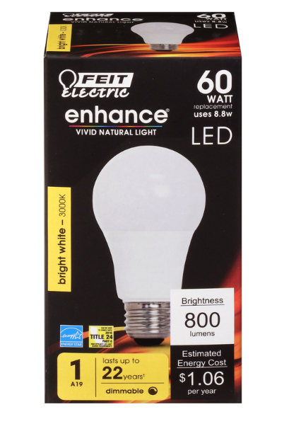 Feit Electric A19 E26 Medium LED Bulb Bright White 60 Watt