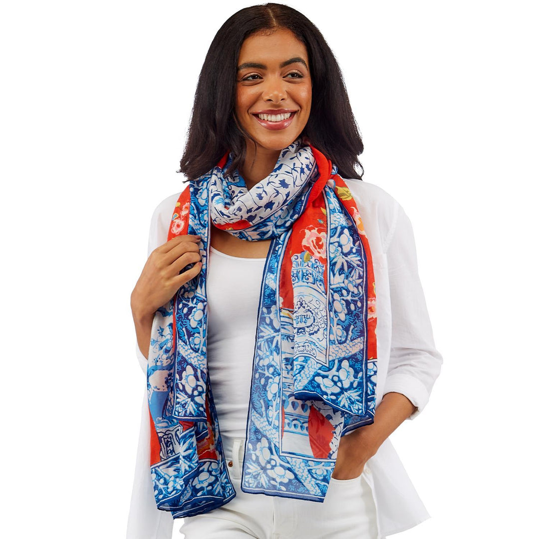 Blue Vase Print Red Scarf