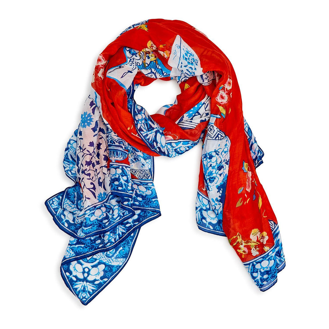 Blue Vase Print Red Scarf