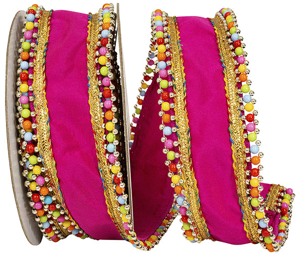 Fuchsia Beaded Candy Edge Wired-Edge Ribbon