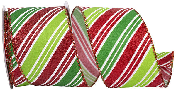 Diagonal Glitter Holiday Stripes Wired-Edge Ribbon