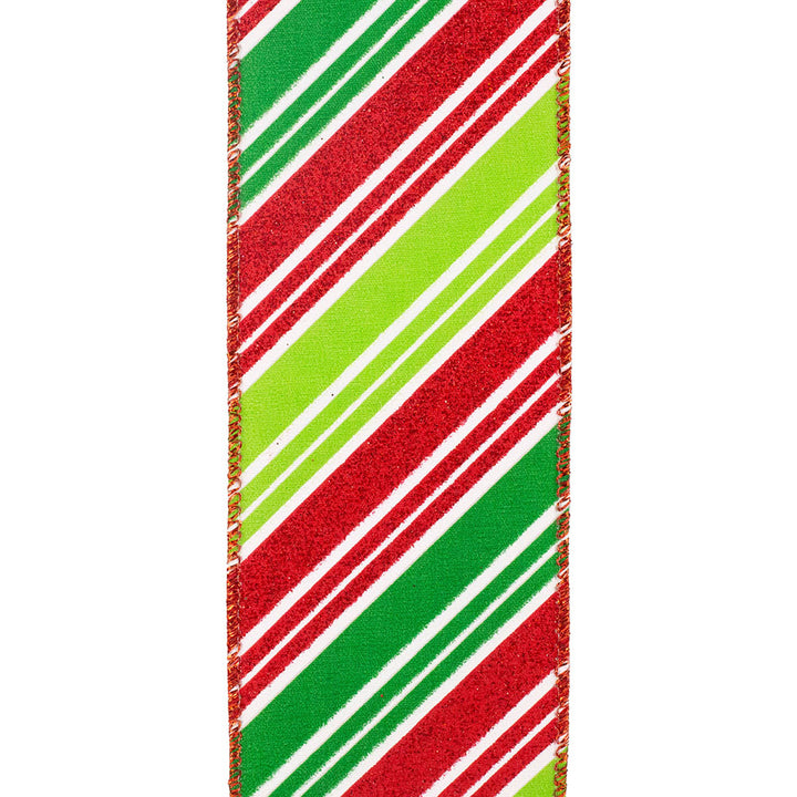 Diagonal Glitter Holiday Stripes Wired-Edge Ribbon