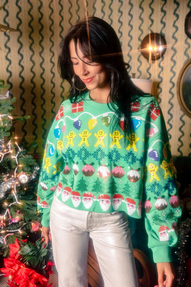 Queen of Sparkles - Green Needlepoint Christmas Icons Sweatshirt