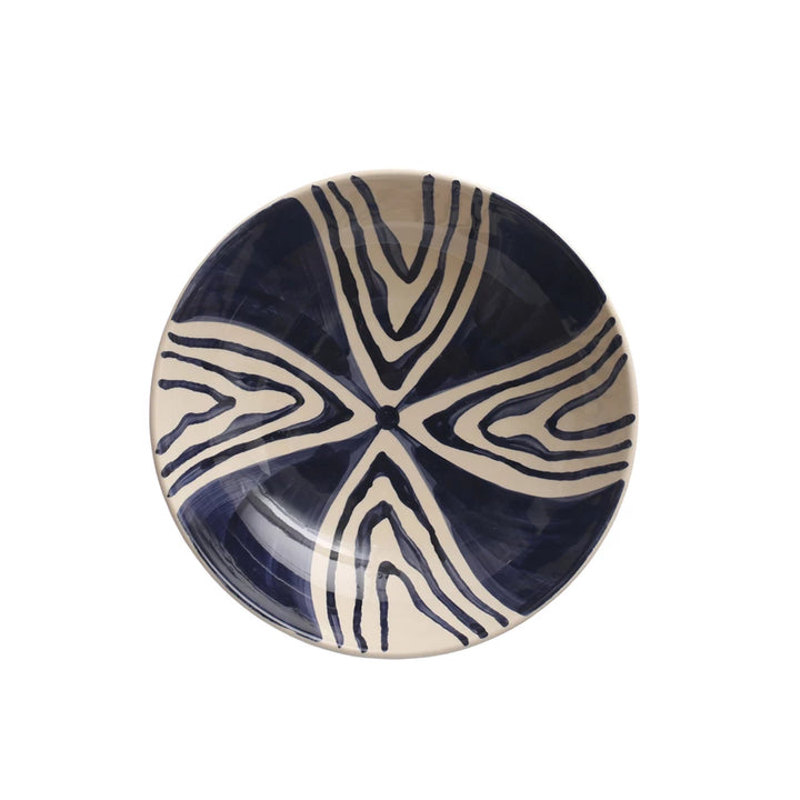 Hand-Painted Stoneware Serving Bowl - Blue and Cream