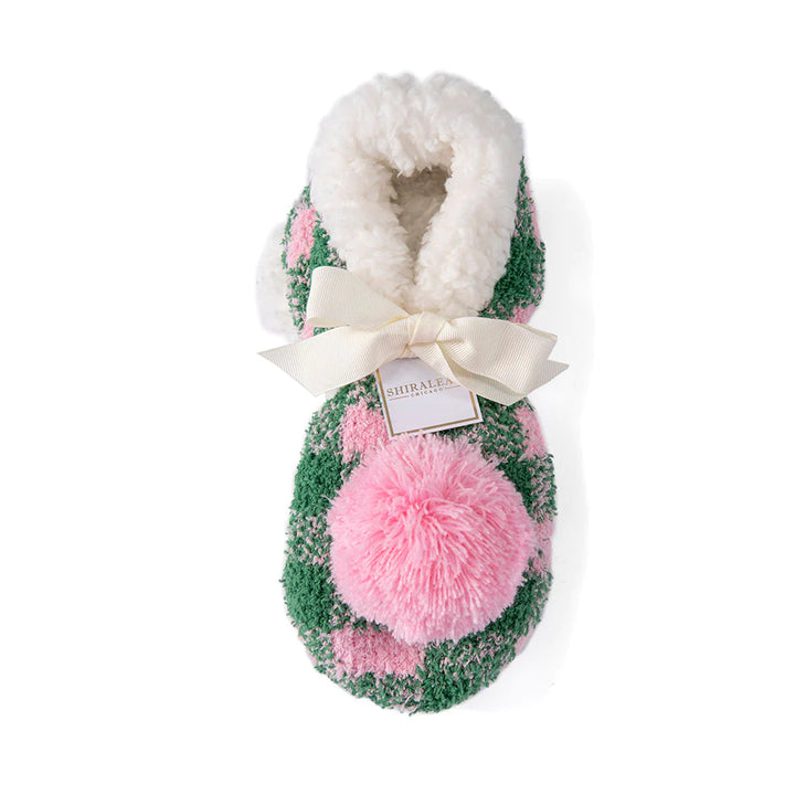 Plaid Knit Holiday Slippers WIth Pom