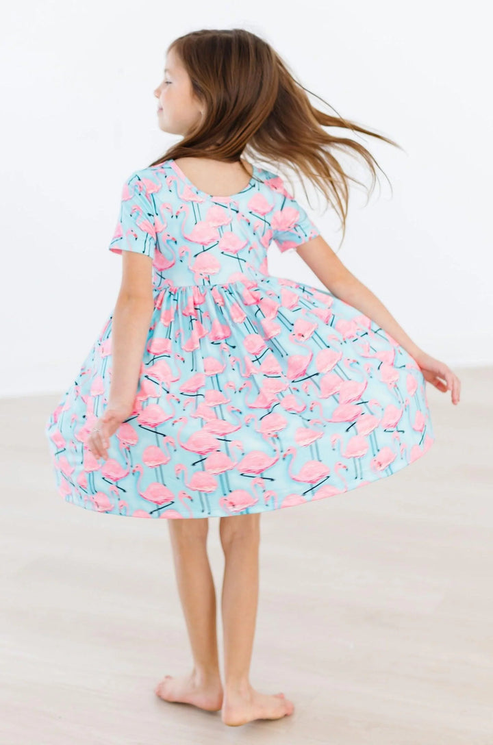 Mila & Rose - Girl's Pretty in Pink Flamingo Short-Sleeve Twirl Dress