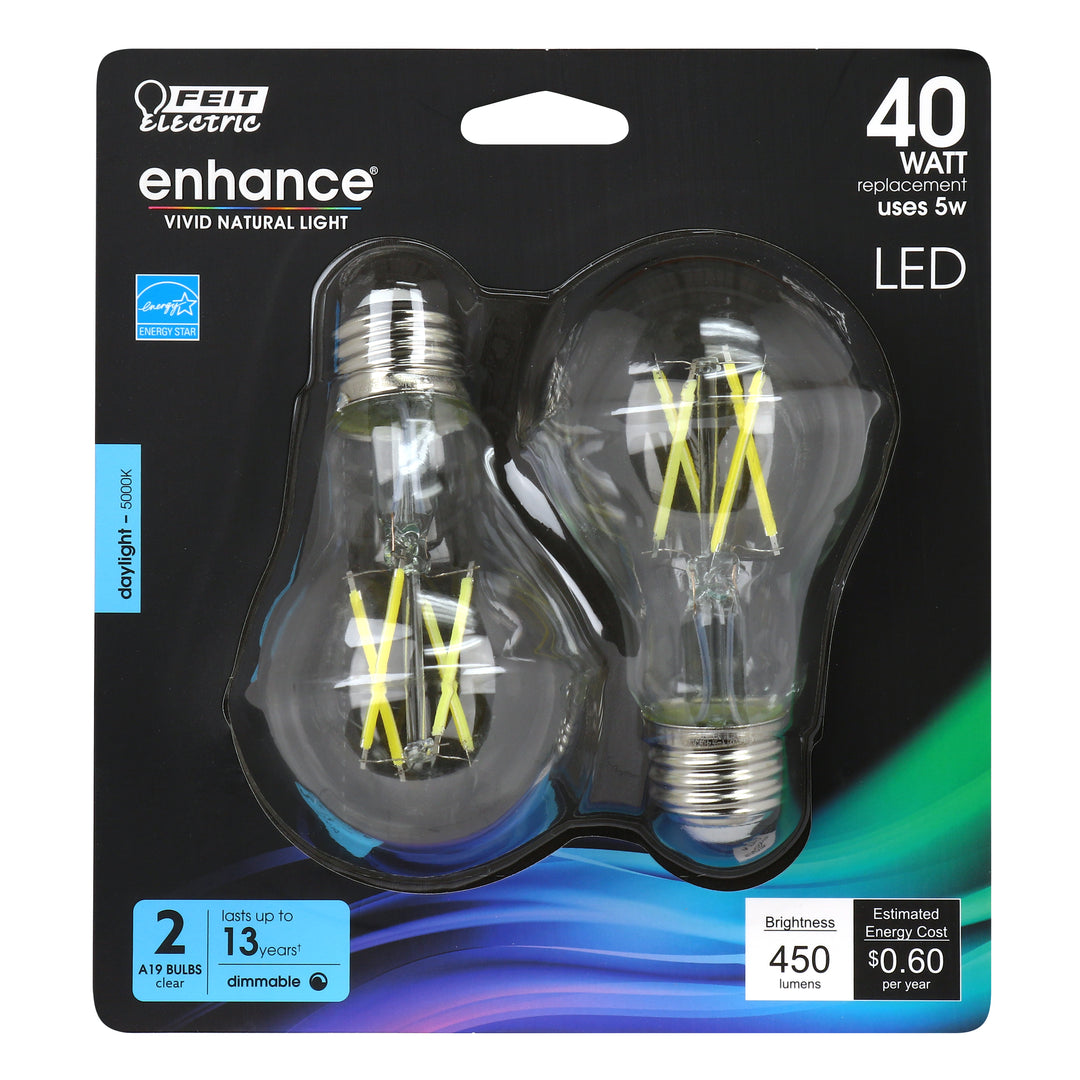 FEIT Electric Enhance A19 E26 (Medium) Filament LED Bulb Daylight 40 Watt Equivalence 2 pk