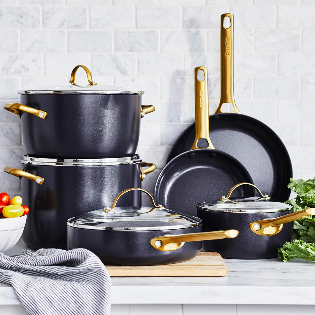 GreenPan - Reserve Ceramic Non-Stick 10-Piece Set - Black with Gold Handles