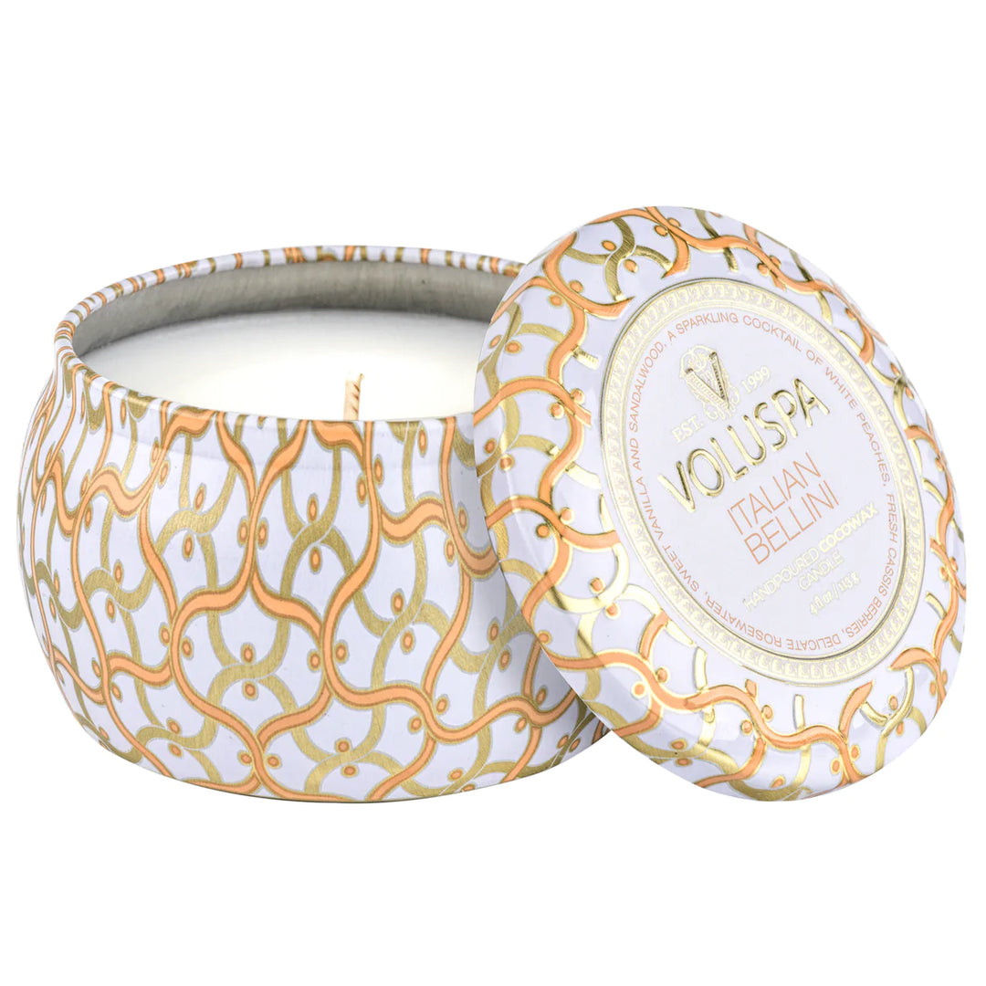 Voluspa Mini Tin Candle Italian Bellini sold at Sunset & co. in San Antonio, Texas.